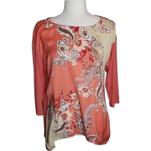 JM Collection Pullover Orange Tan Paisley Print Tunic Size Petite Medium
